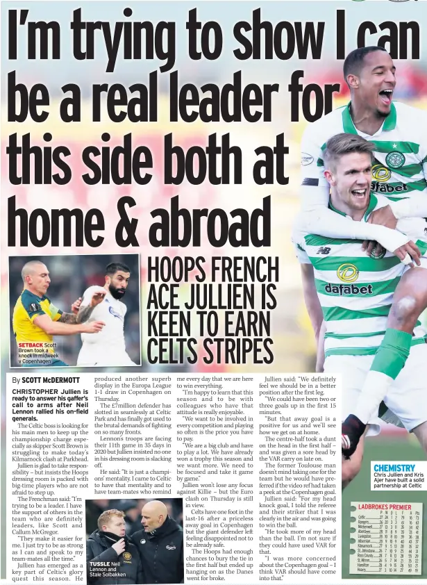  ??  ?? SETBACK Scott Brown took a knock in midweek v Copenhagen
TUSSLE Neil Lennon and Stale Solbakken
CHEMISTRY Chris Jullien and Kris Ajer have built a solid partnershi­p at Celtic