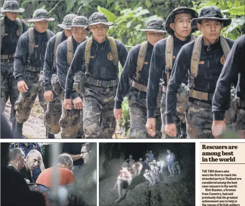  ?? PICTURES: GETTY IMAGES/AP. ?? RESCUE MISSION: Main picture, a search team heads inside the Tham Luang Nang Non cave to continue their rescue bid. Above left, the British diving team which were the first to discover the group, who are pictured right on a rocky ledge.