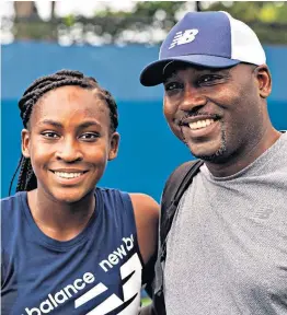  ?? ?? Active campaigner: Coco Gauff with her father and coach, Corey (right); writing ‘Peace – end gun violence’ on a TV camera (below) after winning her French Open semi-final, (below right) speaking at a protest march in Florida in 2020 after the killing of George Floyd and (far left) after beating Venus Williams in 2019