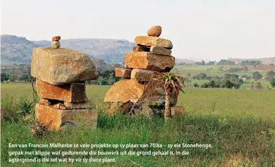  ??  ?? Een van Francois Malherbe se vele projekte op sy plaas van 70 ha – sy eie Stonehenge, gepak met klippe wat gedurende die bouwerk uit die grond gehaal is. In die agtergrond is die tef wat hy vir sy diere plant.