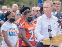  ?? MARK MIRKO/THE HARTFORD COURANT ?? Governor Ned Lamont announced during a press conference today at Veterans Stadium in New Britain that his previous order for masks at school until Sept. 30 will remain.