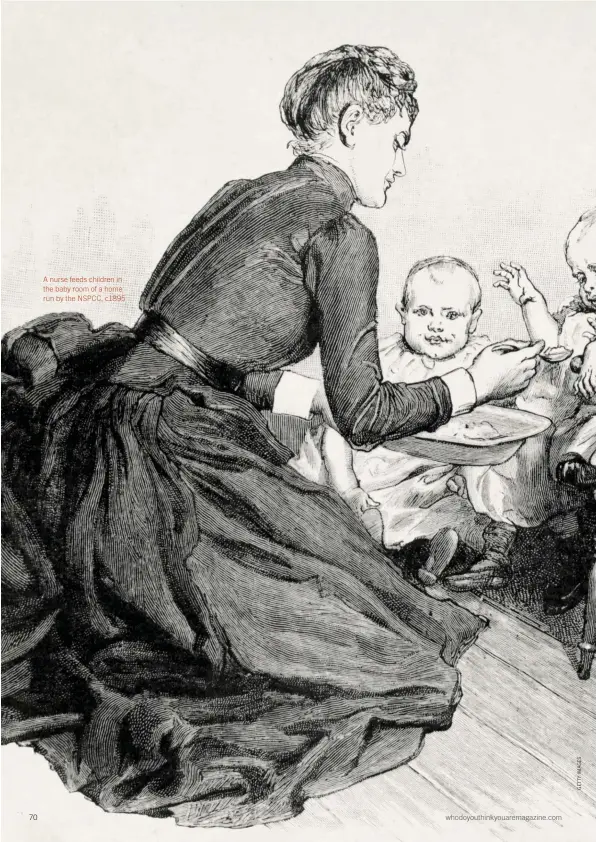  ??  ?? A nurse feeds children in the baby room of a home run by the NSPCC, c1895