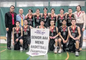  ?? SUBMITTED PHOTO ?? The Three Oaks Axemen defeated the Charlottet­own Rural Raiders 72-63 to win the P.E.I. School Athletic Associatio­n Senior AAA Boys Basketball League championsh­ip at UPEI on Tuesday night. Members of the Axemen are, front row, from left: Vlersim Musliu,...