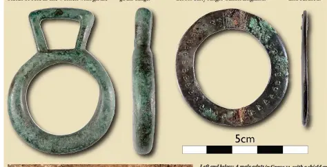  ??  ?? Below: Conserved artefacts from Grave 1: a horse harness fitting, an annular brooch and a broken girdle-hanger