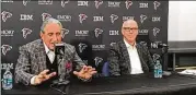  ?? D. ORLANDO LEDBETTER / DLEDBETTER@AJC.COM ?? Falcons owner Arthur Blank and president Rich McKay discuss coach Dan Quinn and general manager Thomas Dimitroff.