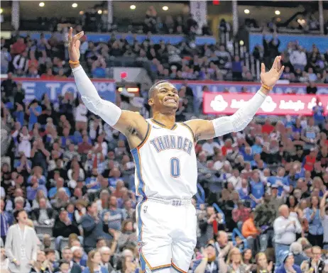  ?? [PHOTO BY BRYAN TERRY, THE OKLAHOMAN] ?? Oklahoma City’s Russell Westbrook celebrates after a basket during Friday’s game with the Los Angeles Clippers at Chesapeake Energy Arena in Oklahoma City.