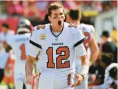  ?? ?? Bucs quarterbac­k Tom Brady reacts during the second half of Sunday’s game against the Atlanta Falcons at Raymond