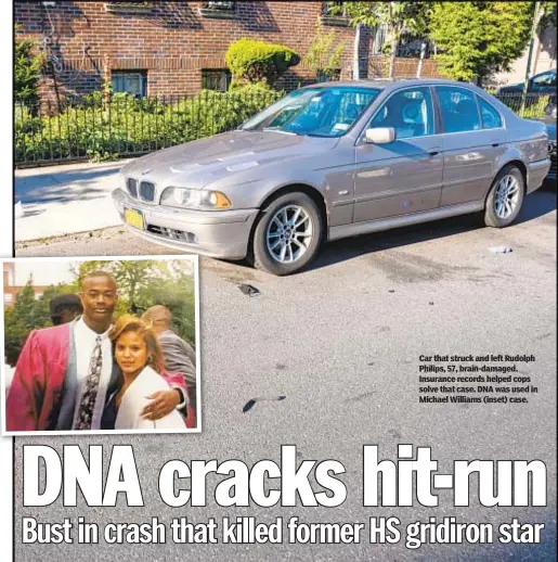  ??  ?? Car that struck and left Rudolph Philips, 57, brain-damaged. Insurance records helped cops solve that case. DNA was used in Michael Williams (inset) case.