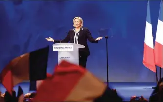  ?? —AP ?? NICE: French far-right leader and presidenti­al candidate Marine Le Pen addresses supporters during an election campaign rally in Nice, southern France.