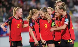  ?? Photograph: Olivier Matthys/EPA ?? Tessa Wullaert (No 9) celebrates after firing her penalty past Mary Earps to earn Belgium victory.