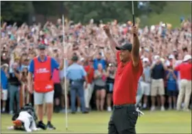  ?? HYOSUB SHIN — THE ASSOCIATED PRESS ?? Tiger Woods celebrates after on the 18th green after winning the Tour Championsh­ip in Atlanta in September.