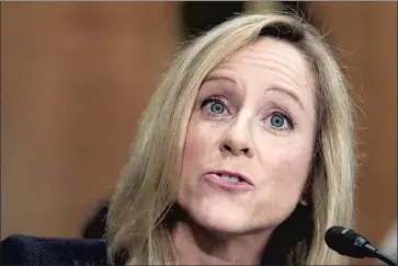  ?? MANUEL BALCE CENETA ASSOCIATED PRESS ?? CONSUMER advocates saw that the bureau, led by Kathy Kraninger, had become too chummy with the businesses it oversaw. It had 10 instances of f ines of just $ 1. Above, she appears before a Senate panel in 2018.
