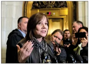  ?? AP/J. SCOTT APPLEWHITE ?? General Motors Chief Executive Officer Mary Barra speaks to reporters Wednesday after a meeting with Sen. Sherrod Brown, D-Ohio, and Sen. Rob Portman, R-Ohio, to discuss GM’s announceme­nt it would stop making the Chevy Cruze at its Lordstown, Ohio, plant. General Motors is fighting to retain a tax credit for electric vehicles.