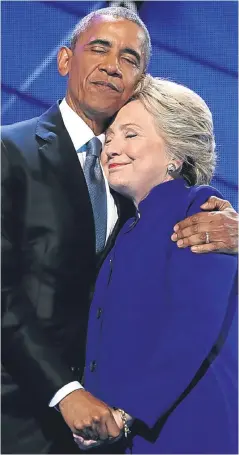  ?? Picture: AP. ?? President Barack Obama hugs Hillary Clinton at the Democratic convention.