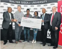  ?? SUPPLIED ?? HELPING HAND: From left, are Thembi Klaas, Absa provincial manager, Mark Rosslee of WSU, students Yandisa Ntengenyan­e and Sanelisiwe Dlepu, Xolisa Kalimashe, Absa’s area head in Mthatha and Louis van Aswegan, head of Absa’s customer network.Picture:
