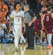  ?? ?? UVA’s Dante Harris celebrates during Wednesday night’s victory. He returned after missing 10 games with an ankle injury and gave the Cavaliers an element they missed in road losses to N.C. State and Wake Forest.