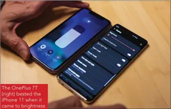  ??  ?? The OnePlus 7T (right) bested the iPhone 11 when it came to brightness