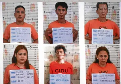  ?? —JAMSTA ROSA ?? CAPTURED Suspected members of the Batac robbery group (clockwise from top right) Rodelio Sibug, Eugenia Argawayon, Julius Batac, Rosana MaeMaramia­s, Elvin Duanan and Harlan Requilman following their arrest.