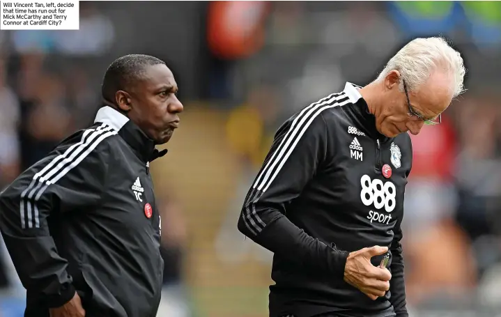  ?? ?? Will Vincent Tan, left, decide that time has run out for Mick McCarthy and Terry Connor at Cardiff City?