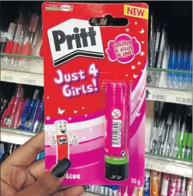  ??  ?? PRITT-Y PATRONISIN­G: We’ve had girly Bic pens and ‘Just for her’ Sellotape, and now pink coloured glue. Pontsho Pilane (@pontsho_pilane) posted this photo on Twitter, commenting: “Because even glue has to be gendered”