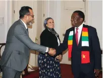  ?? ?? President Mnangagwa greets the director of Egyptian firm Elsewedy Electric, Ahmed Amin, at State House in Harare yesterday