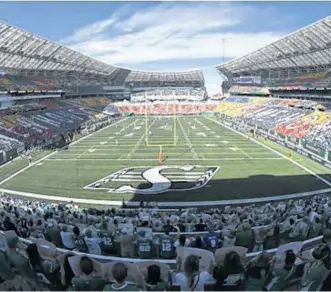  ?? REGINA LEADER-POST ?? Due to the COVID-19 pandemic, it is impossible to project when Saskatchew­an Roughrider­s fans will return to new Mosaic Stadium — a $278-million facility that officially opened in 2017.