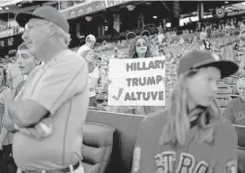  ?? Jae C. Hong / Associated Press ?? One fan in Anaheim, Calif., makes clear her choice for some elected position, president or perhaps American League Most Valuable Player.