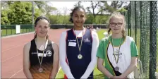  ??  ?? U-14 High Jump top three: In third was Eleanor Foot of Bray Runners, first was Diana Williams Oshun from Aughrim AC, and second was Beth Cullen of Kilcoole AC.