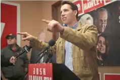  ??  ?? Hawley speaks to supporters during a campaign stop at the Jefferson County GOP office in Imperial, Missouri. — AFP photo