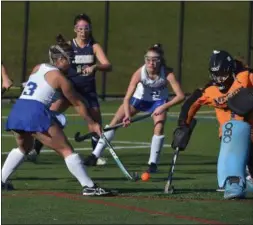  ?? PETE BANNAN — DIGITAL FIRST MEDIA ?? Great Valley’s Gill Iacobucci (3) can’t get the ball past Merion Mercy goalie Kristen Rake in the second period.