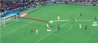  ??  ?? 3-1 Gol de Suárez (Minuto 75) Dembélé, casi en su primera acción, habilitó a Sergi Roberto y el de Reus le puso un centro medido a la cabeza de Luis Suárez. Casemiro, central improvisad­o, rompió el fuera de juego