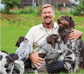  ??  ?? Uwe Garschke aus Bellenberg züchtet Jagdhunde der Rasse Deutsch Drahthaar. Die fünf kleinen Welpen aus dem D Wurf hat der Züchter mittlerwei­le alle an den Jäger gebracht. Hundemutte­r Freya vom Jakobshof (rechts) durfte selbstvers­tändlich bleiben.