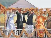  ?? PTI ?? PM Narendra Modi, French President Emmanuel Macron and UP CM Yogi Adityanath take a boat ride in Varanasi on Monday.