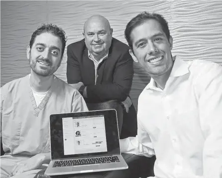  ?? Dave Rossman ?? Dr. Reza Sanjar, left, one of the founders of clouddenti­stry.com, had the help of Glenn Barnett, center, and Trey Tepichin. Tepichin says the goal is to let dentists pick and choose from specialist­s online and let both sides rate each other afterward.