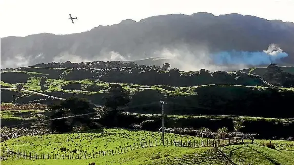  ??  ?? A plane spreads fertiliser on Joyce Wyllie’s sheep farm at Kaihoka, Golden Bay.