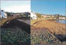  ??  ?? Dalintober Beach Group chairman Jamie Maclean spent some time on Hogmanay clearing the beach of seaweed ahead of the dip. This is a before and after shot of the shore.