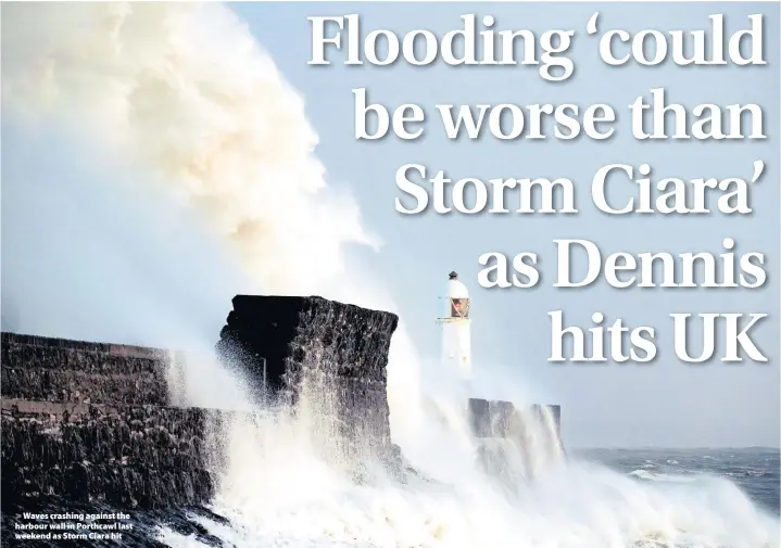  ??  ?? > Waves crashing against the harbour wall in Porthcawl last weekend as Storm Ciara hit