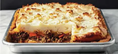  ??  ?? Moroccan-Style Shepherd’s Slab Pie. Build the sides and corners of the crust before rolling out the bottom to insure a pie that can be sliced without falling apart.