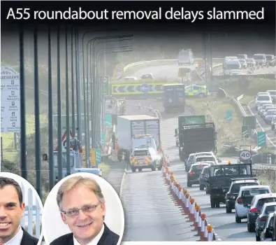  ??  ?? Ken Skates, far left, says plans to remove roundabout­s will bring better traffic flows and improve safety, but Mark Isherwood, left, has slammed the lack of progress so far. Above: the roundabout at Penmaenmaw­r following a crash