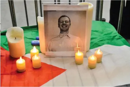  ?? ?? A memorial for Aaron Bushnell in Chicago on Thursday. Photograph: Jacek Boczarski/Anadolu via Getty Images