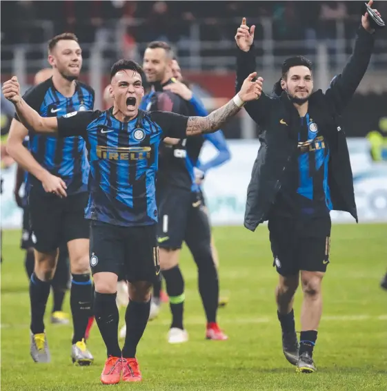  ?? Picture: AP ?? Inter Milan players celebrate their recent Serie A victory over AC Milan at the San Siro Stadium. The club will send officials to the Gold Coast in May.