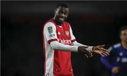  ?? ?? Nicolas Pépé during Arsenal’s Carabao Cup win over Leeds in October; he is yet to score in the Premier League this season. Photograph: Simon Dael/Shuttersto­ck