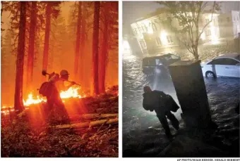  ?? AP PHOTO/NOAH BERGER, GERALD HERBERT ?? Left: A firefighte­r walks through the Plumas National Forest, Calif., on Monday at the North Complex Fire. Right: A person uses a flashlight on flooded streets Wednesday in Pensacola, Fla.