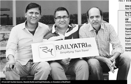  ??  ?? (From left) Sachin Saxena, Manish Rathi and Kapil Raizada, co-founders of RailYatri