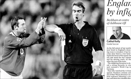  ?? DYLAN MARTINEZ/REUTERS ?? Manchester United’s Wayne Rooney applauds referee Kim Milton Nielsen after receiving a yellow card during his team’s Champions League Group D match against Villarreal yesterday. Rooney was ejected for his behaviour, and Man U was held to a scoreless...