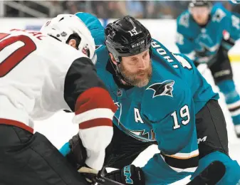  ?? Tony Avelar / Associated Press ?? Sharks center Joe Thornton (19) no longer is a 100-point scorer, but he continues to be effective. He has 10 goals, a plus-four plus/minus and is winning more than 50 percent of his faceoffs.