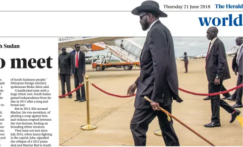  ?? Picture:: AFP ?? PEACE MISSION: South Sudan’s President Salva Kiir about to board a plane at Juba Internatio­nal Airport, before travelling to Ethiopia
