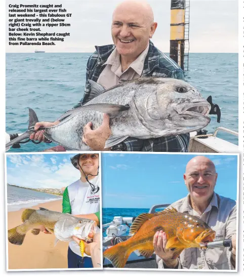  ??  ?? Craig Promnitz caught and released his largest ever fish last weekend – this fabulous GT or giant trevally and (below right) Craig with a ripper 59cm bar cheek trout.
Below: Kevin Shephard caught this fine barra while fishing from Pallarenda Beach.