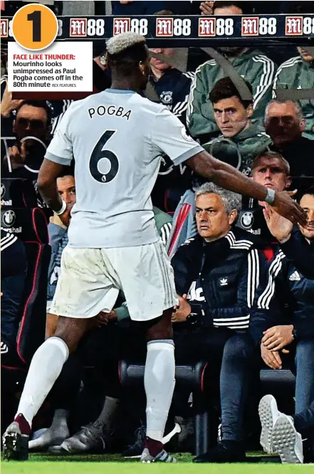  ?? REX FEATURES ?? FACE LIKE THUNDER: Mourinho looks unimpresse­d as Paul Pogba comes off in the 80th minute