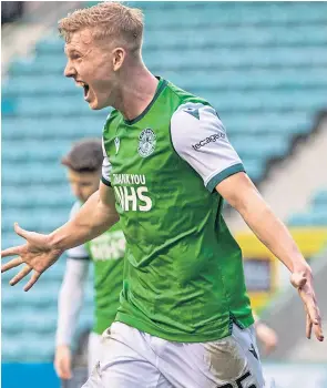  ??  ?? Josh Doig scored his first goal for Hibs in a 2-0 win over Hamilton Accies at Easter Road back in February – and didn’t he enjoy it!